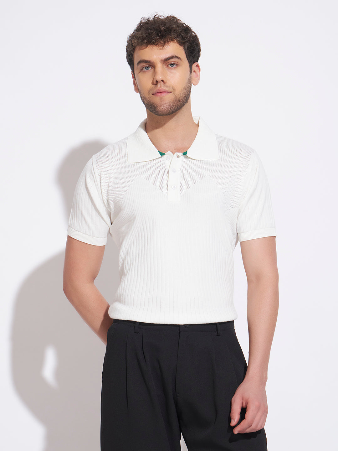 AEDENBURG Men White Knitted Cotton Blend T-Shirt
