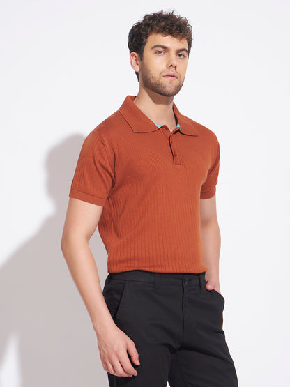 AEDENBURG Men Brown Knitted Cotton Blend T-Shirt