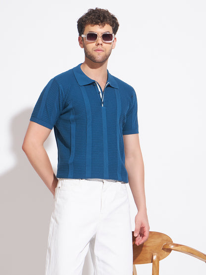 AEDENBURG Men Basket-Weave Contrast Placket Polo Regular Fit Cotton Blend T-Shirt