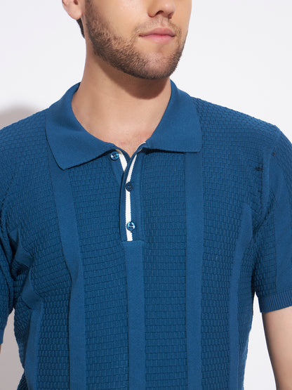 AEDENBURG Men Basket-Weave Contrast Placket Polo Regular Fit Cotton Blend T-Shirt