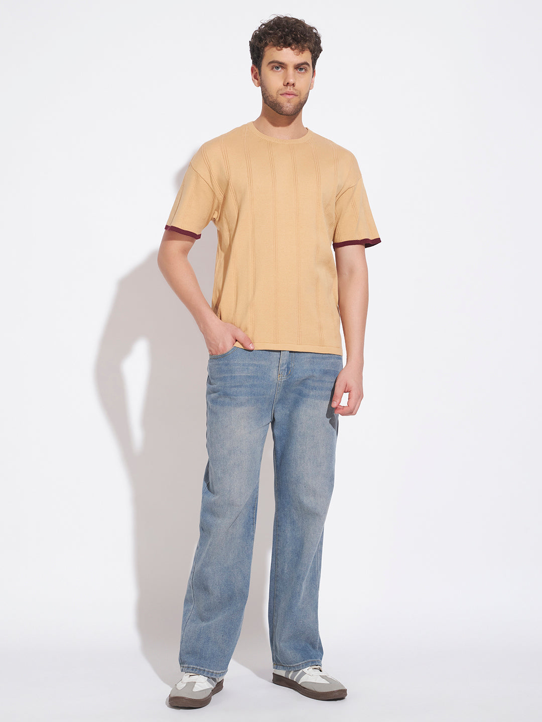 AEDENBURG Men Beige Knitted Cotton Blend T-Shirt