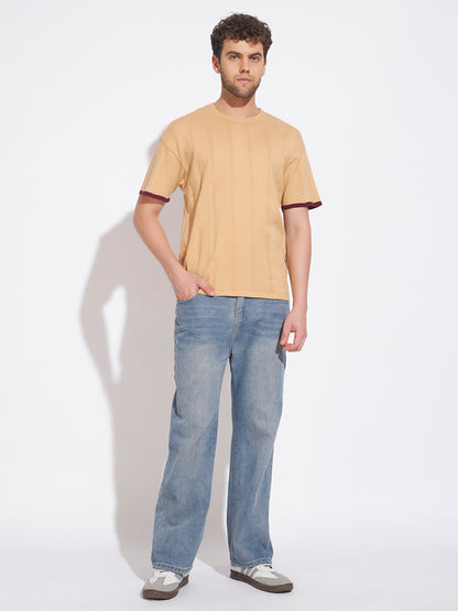 AEDENBURG Men Beige Knitted Cotton Blend T-Shirt