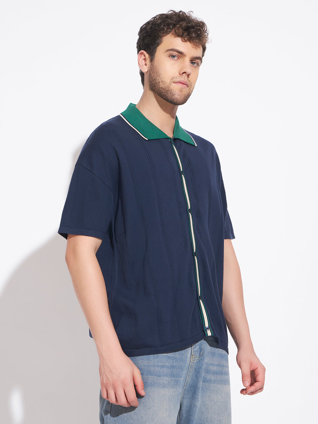 AEDENBURG Men Blue Knitted Cotton Blend T-Shirt