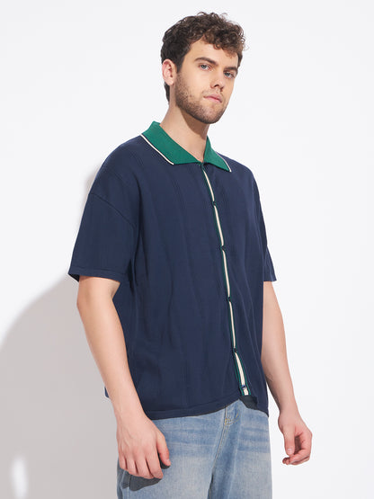 AEDENBURG Men Blue Knitted Cotton Blend T-Shirt