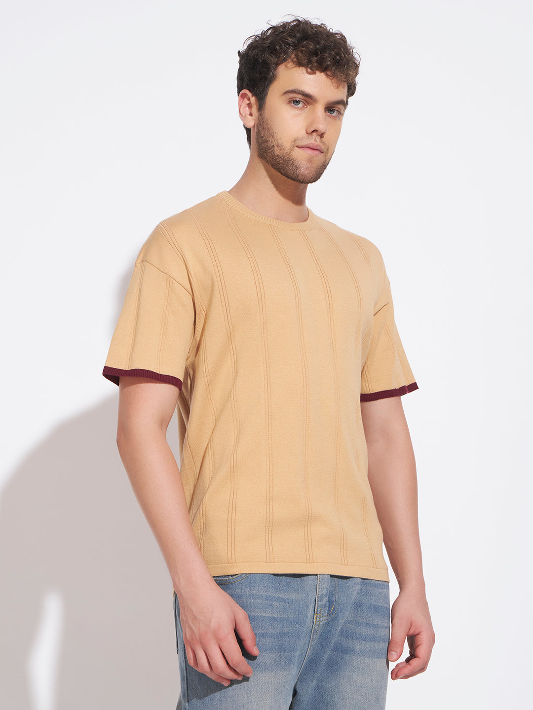 AEDENBURG Men Beige Knitted Cotton Blend T-Shirt