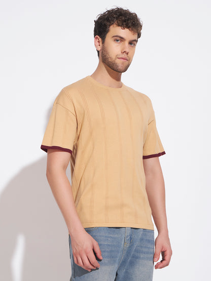 AEDENBURG Men Beige Knitted Cotton Blend T-Shirt