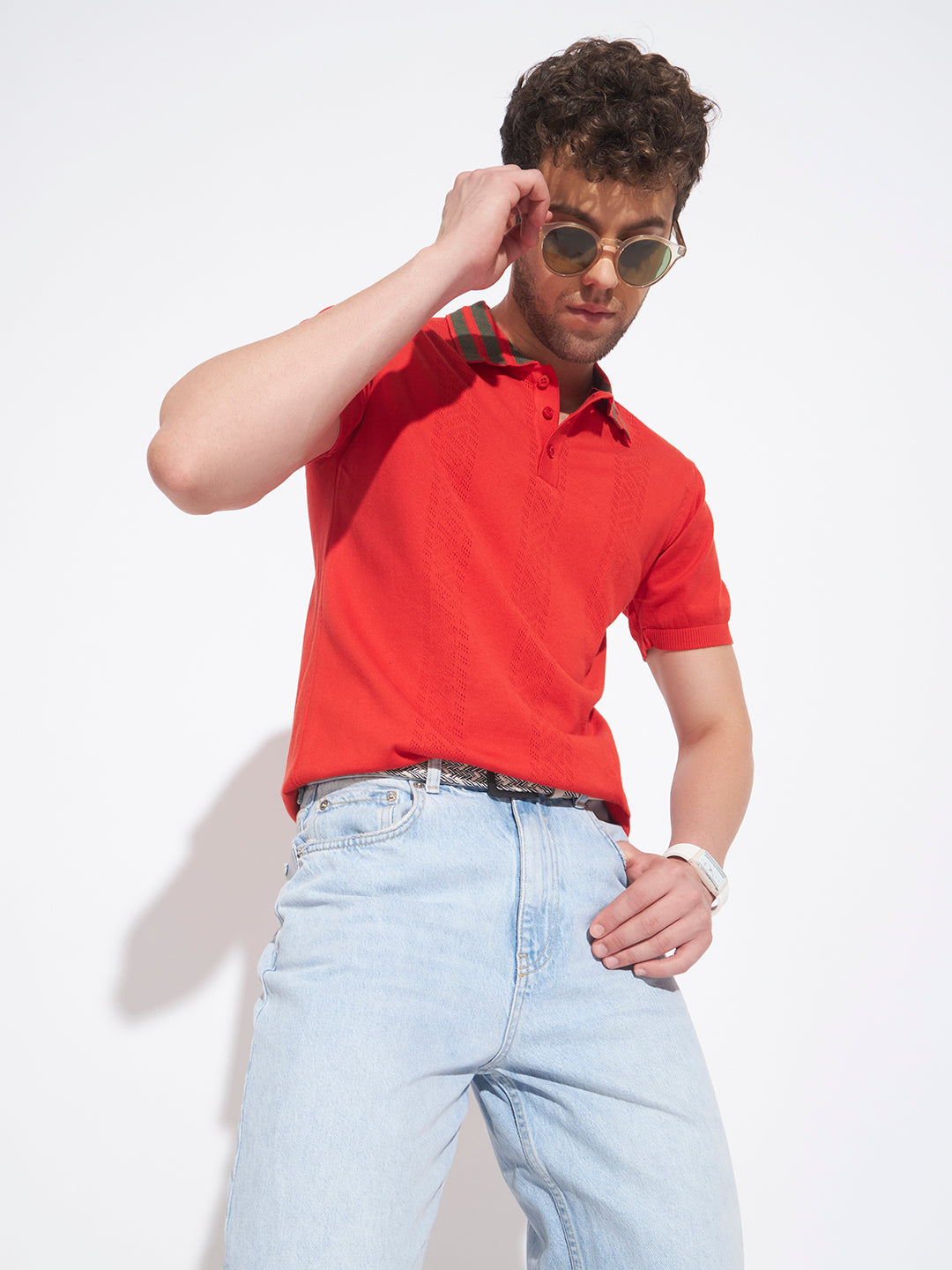 AEDENBURG Men Contrast Jacquard-Stripe Collar Polo Regular Fit Knitted Cotton Blend T-Shirt