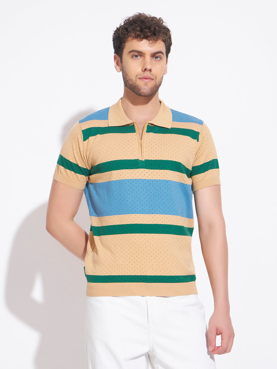 AEDENBURG Men Beige Knitted Cotton Blend T-Shirt