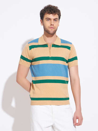 AEDENBURG Men Beige Knitted Cotton Blend T-Shirt