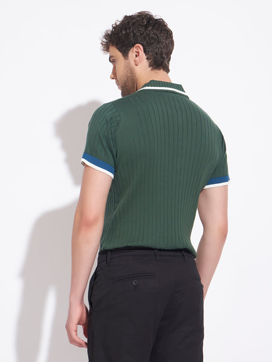 AEDENBURG Men Ribbed Crest-Badge Polo Tipping Slim Fit Knitted Cotton Blend T-Shirt