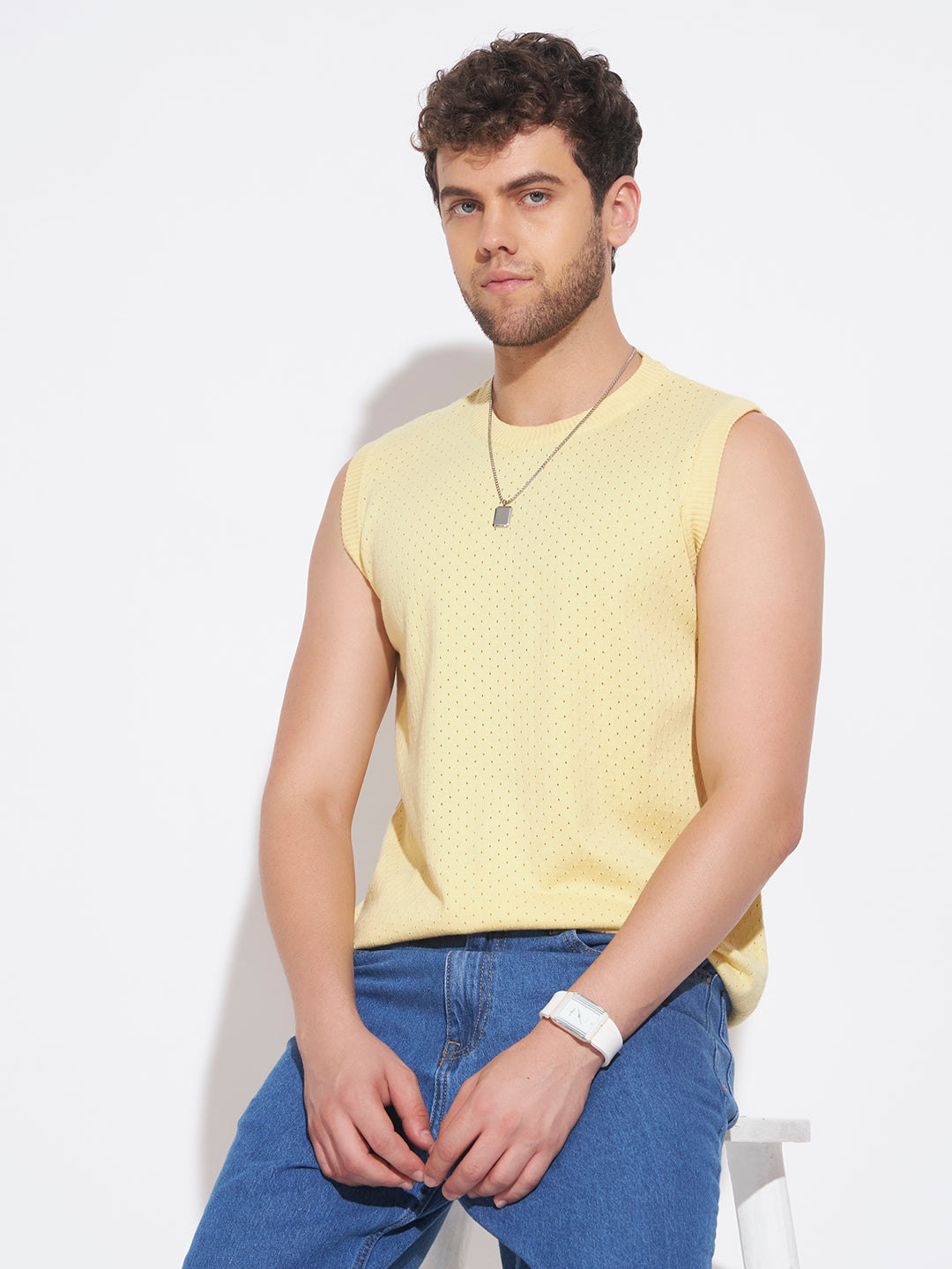 AEDENBURG Men Yellow Knitted Cotton Blend T-Shirt