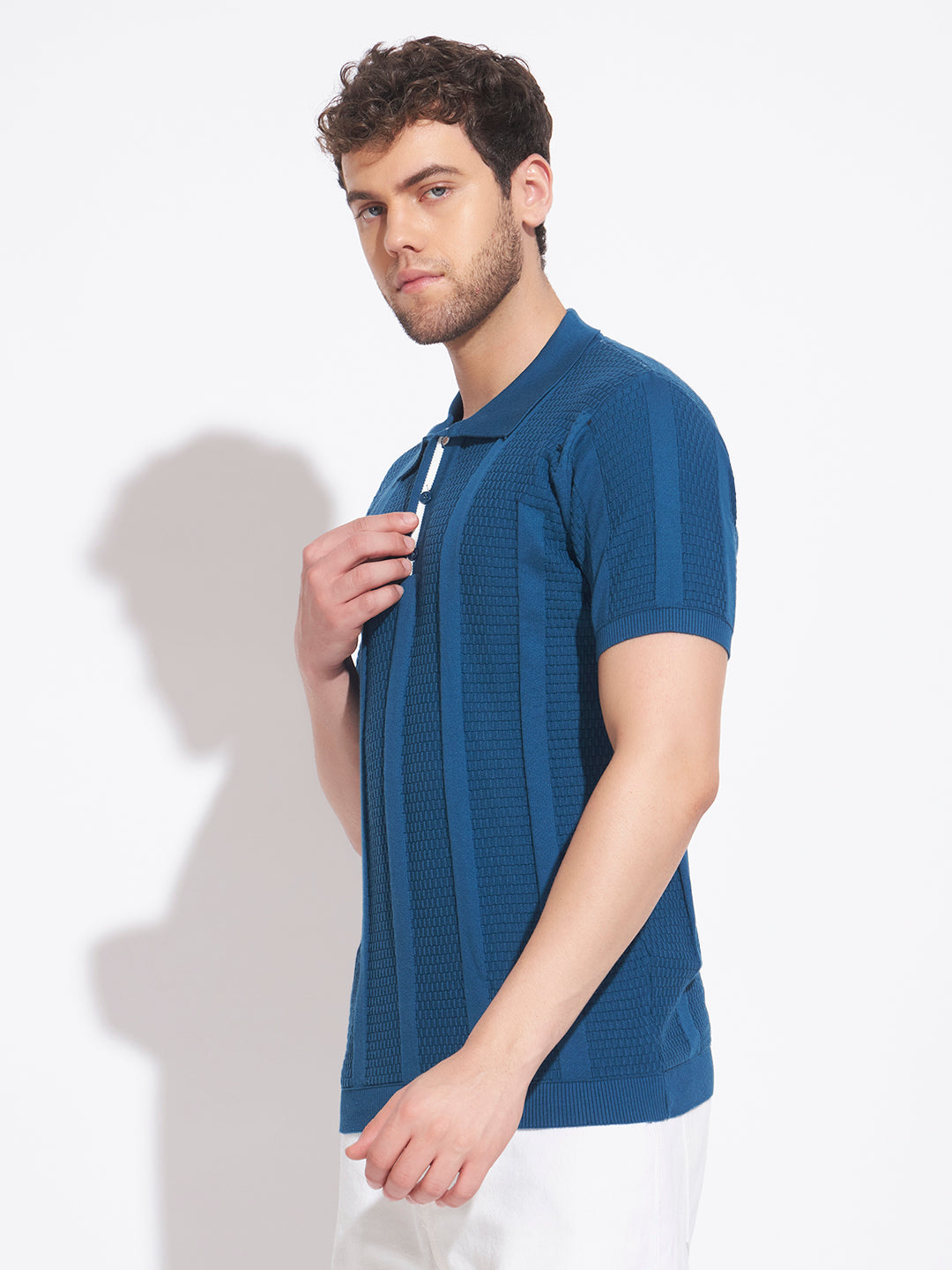 AEDENBURG Men Basket-Weave Contrast Placket Polo Regular Fit Cotton Blend T-Shirt