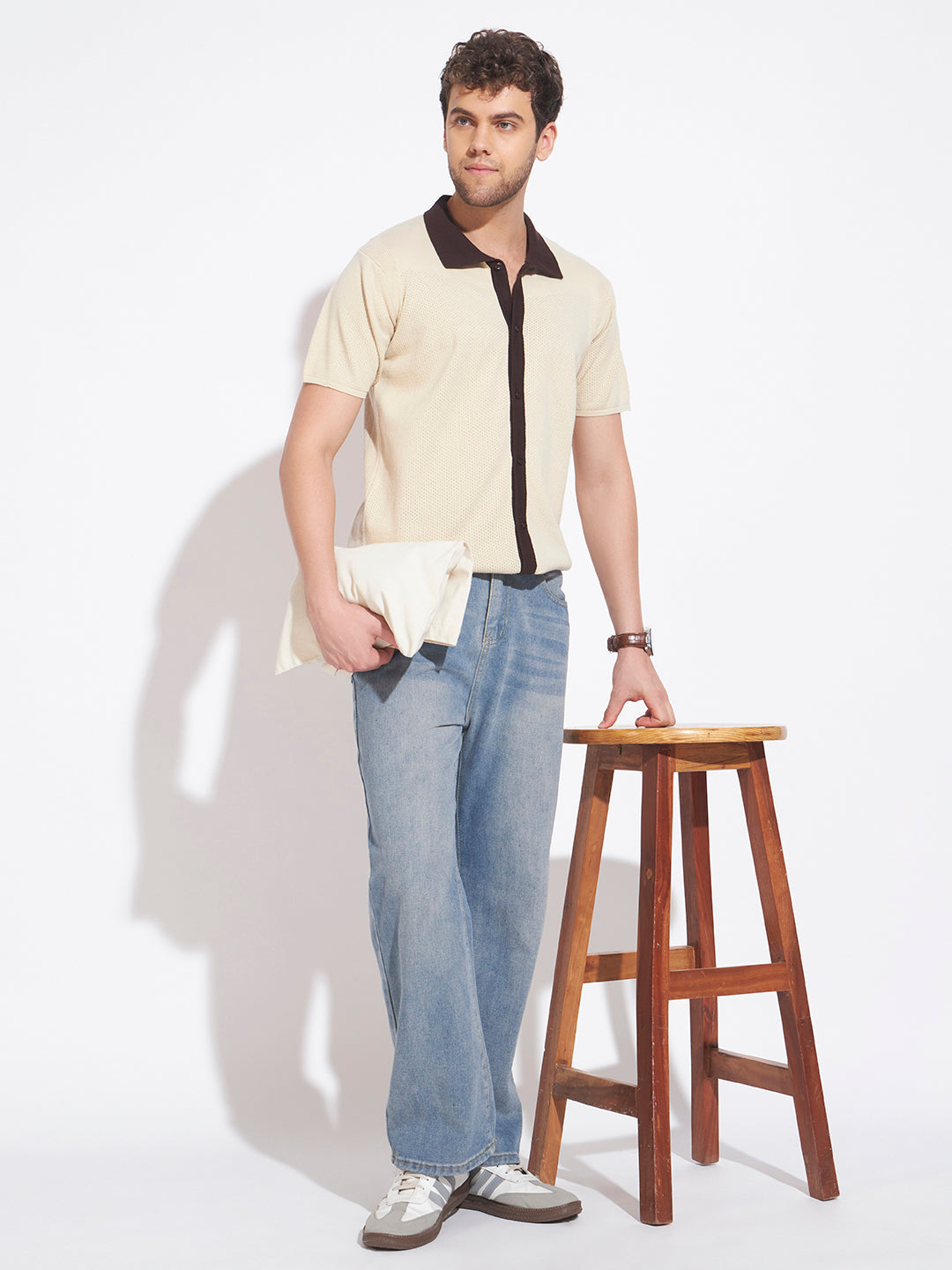 AEDENBURG Men Cream Knitted Cotton Blend T-Shirt