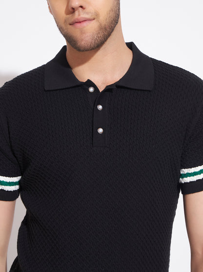 AEDENBURG Men Black Knitted Cotton Blend T-Shirt