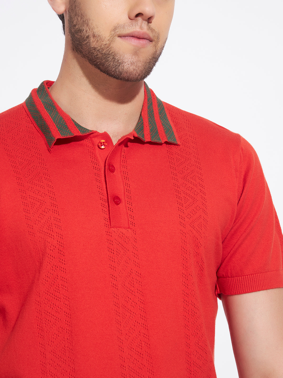AEDENBURG Men Contrast Jacquard-Stripe Collar Polo Regular Fit Knitted Cotton Blend T-Shirt