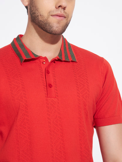 AEDENBURG Men Contrast Jacquard-Stripe Collar Polo Regular Fit Knitted Cotton Blend T-Shirt