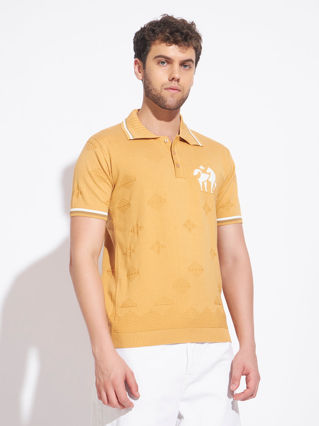 AEDENBURG Mens Jacquard Horse-Motif Polo Regular Fit Knitted Cotton Blend T-Shirt