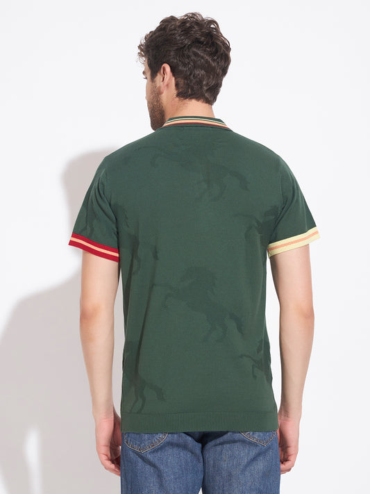 AEDENBURG Men Jacquard Camo Zip Placket Stripe Tipping Polo Regular Fit T-Shirt