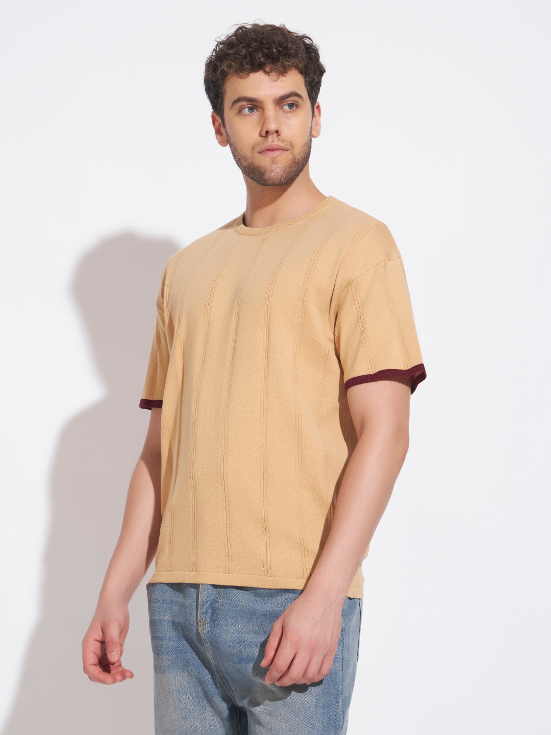 AEDENBURG Men Beige Knitted Cotton Blend T-Shirt
