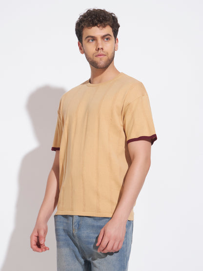 AEDENBURG Men Beige Knitted Cotton Blend T-Shirt