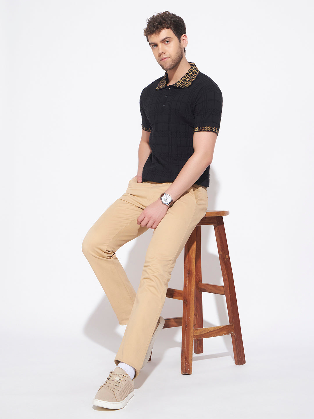 AEDENBURG Men Jacquard-Collar Waffle & Rib Panel Polo Slim Fit Knitted Cotton Blend T-Shirt