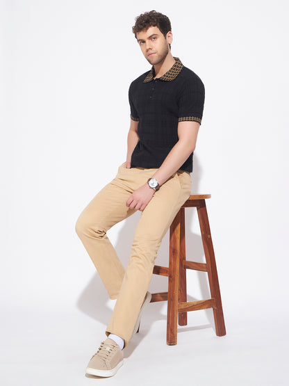 AEDENBURG Men Jacquard-Collar Waffle & Rib Panel Polo Slim Fit Knitted Cotton Blend T-Shirt