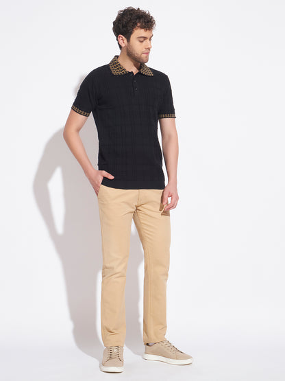 AEDENBURG Men Jacquard-Collar Waffle & Rib Panel Polo Slim Fit Knitted Cotton Blend T-Shirt