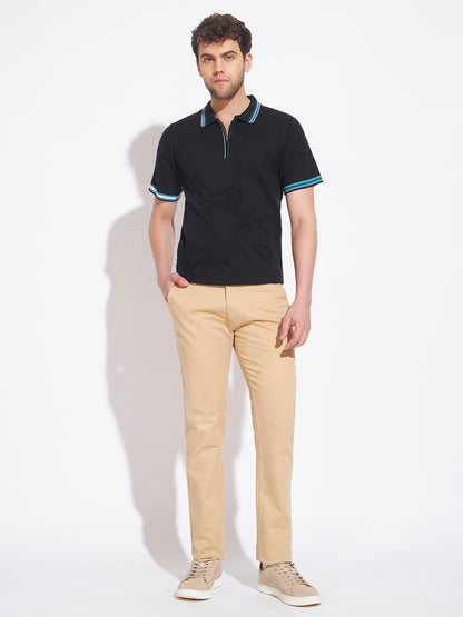 AEDENBURG Men Multi-Stripe Tipping Zip Placket Polo Regular Fit Knitted Cotton Blend T-Shirt