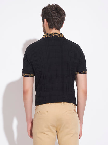 AEDENBURG Men Jacquard-Collar Waffle & Rib Panel Polo Slim Fit Knitted Cotton Blend T-Shirt