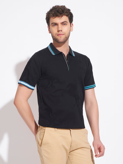 AEDENBURG Men Multi-Stripe Tipping Zip Placket Polo Regular Fit Knitted Cotton Blend T-Shirt