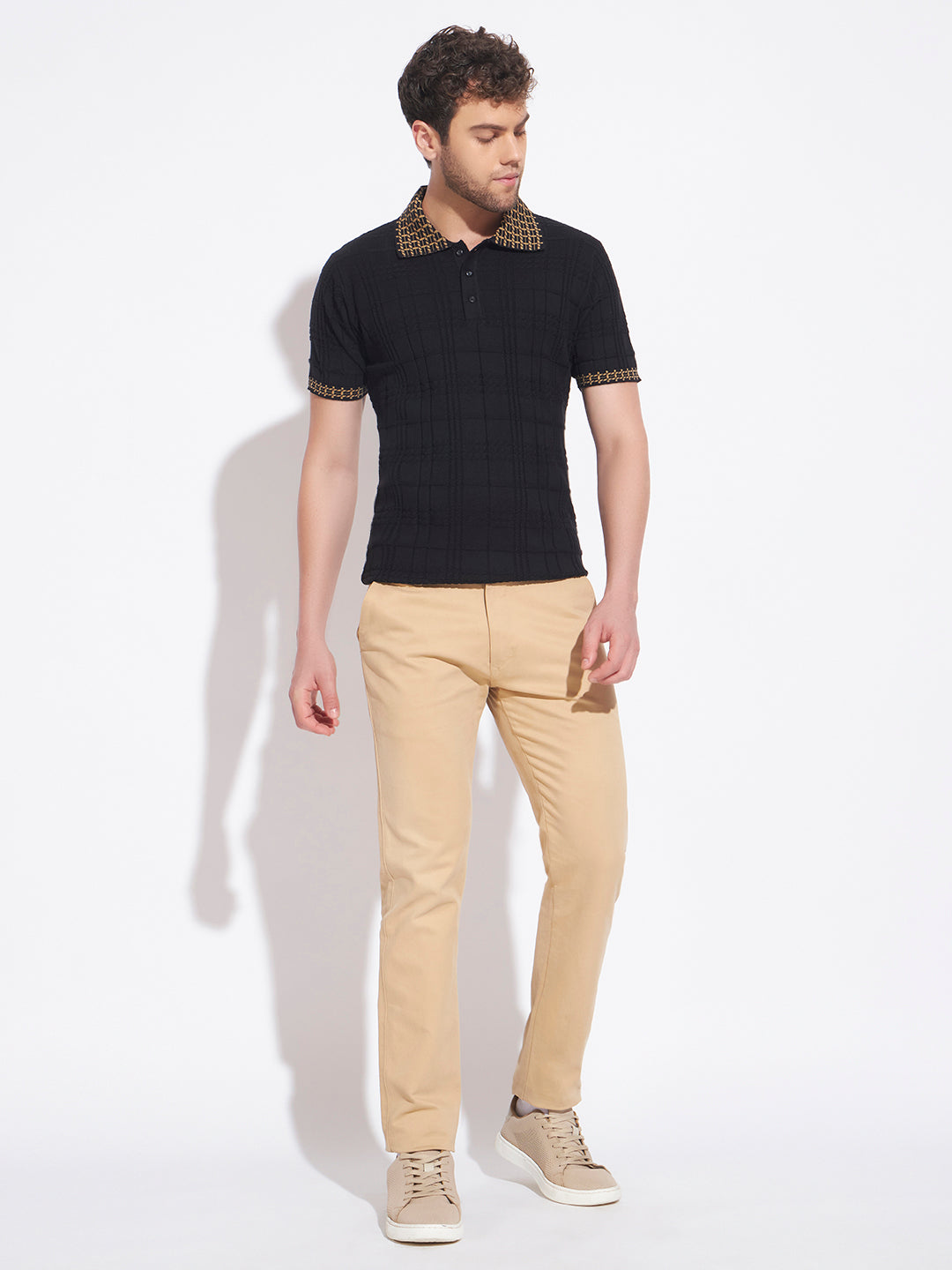 AEDENBURG Men Jacquard-Collar Waffle & Rib Panel Polo Slim Fit Knitted Cotton Blend T-Shirt