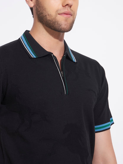 AEDENBURG Men Multi-Stripe Tipping Zip Placket Polo Regular Fit Knitted Cotton Blend T-Shirt