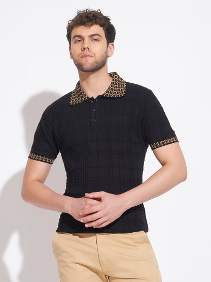 AEDENBURG Men Jacquard-Collar Waffle & Rib Panel Polo Slim Fit Knitted Cotton Blend T-Shirt