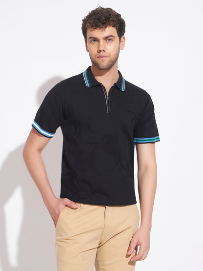 AEDENBURG Men Multi-Stripe Tipping Zip Placket Polo Regular Fit Knitted Cotton Blend T-Shirt
