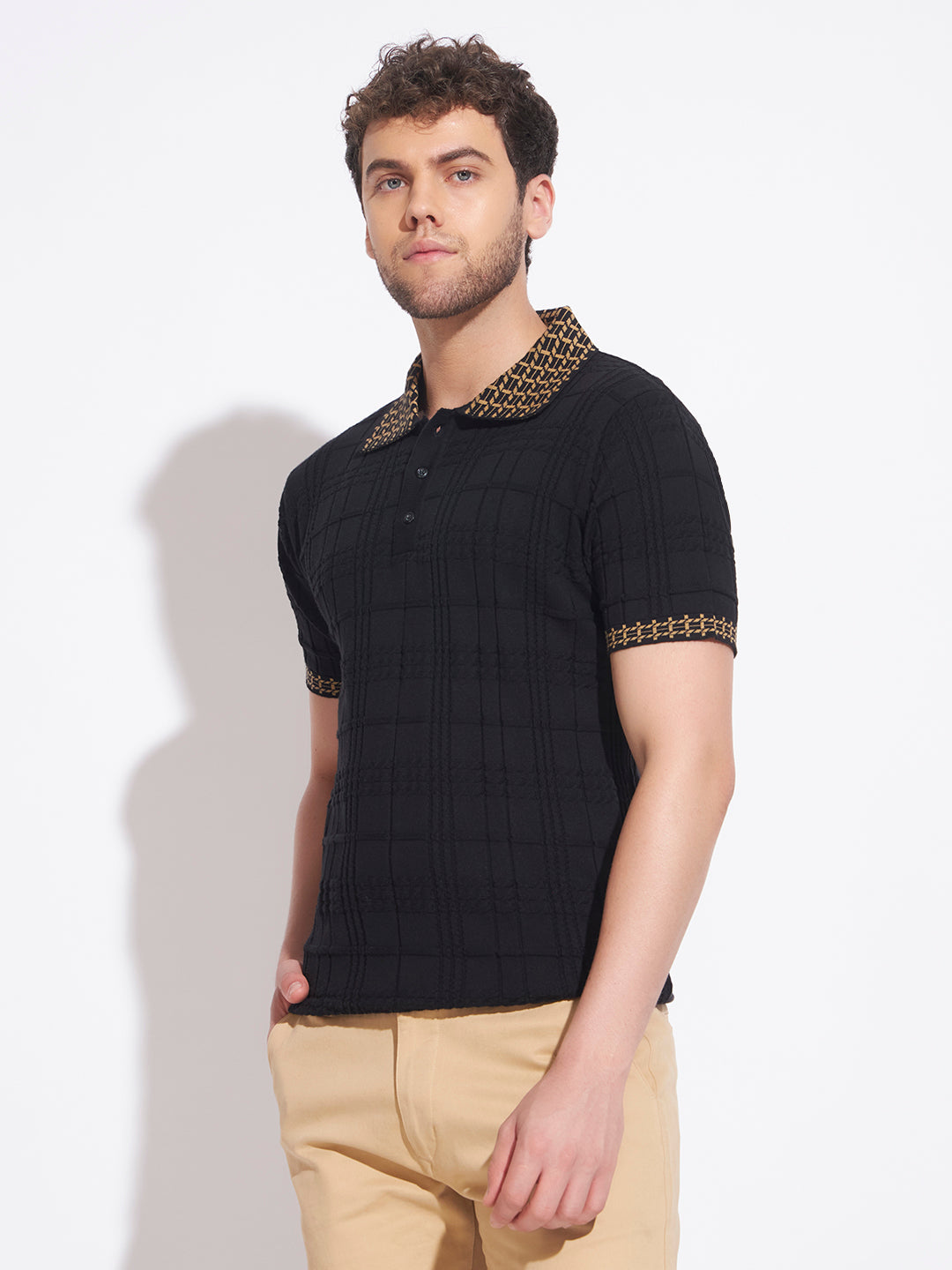 AEDENBURG Men Jacquard-Collar Waffle & Rib Panel Polo Slim Fit Knitted Cotton Blend T-Shirt