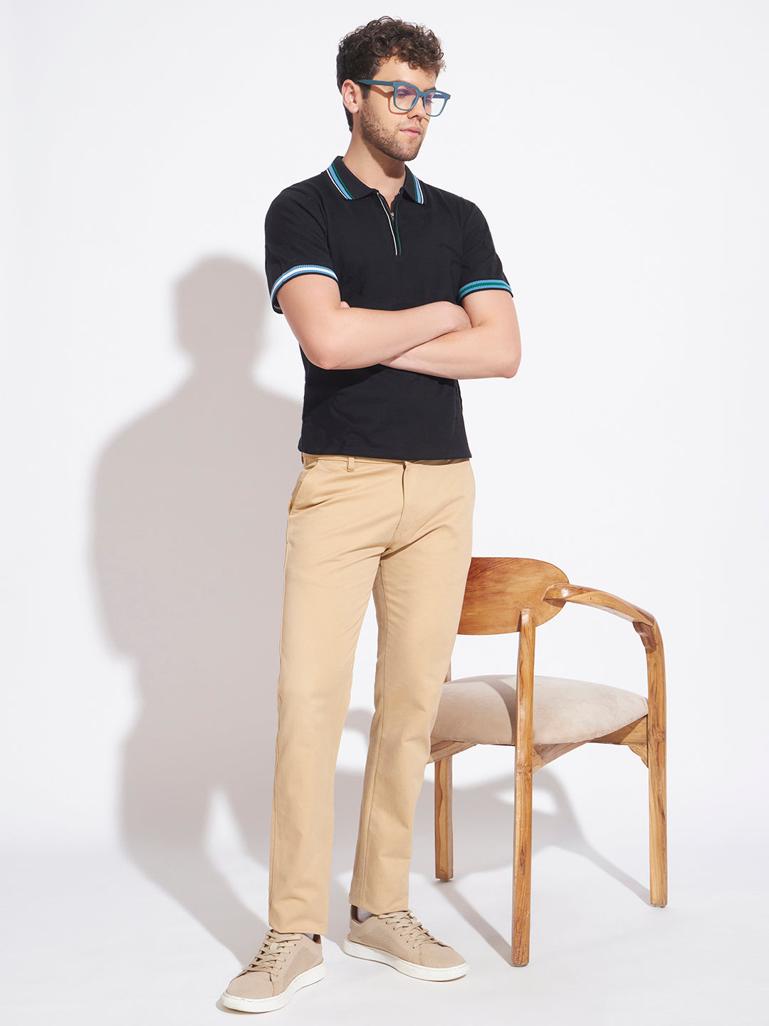 AEDENBURG Men Multi-Stripe Tipping Zip Placket Polo Regular Fit Knitted Cotton Blend T-Shirt
