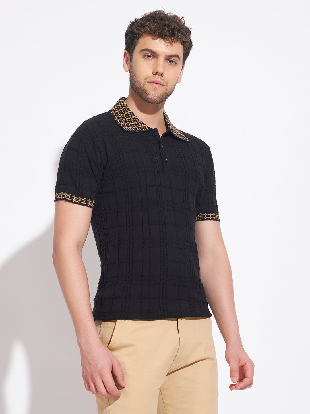 AEDENBURG Men Jacquard-Collar Waffle & Rib Panel Polo Slim Fit Knitted Cotton Blend T-Shirt