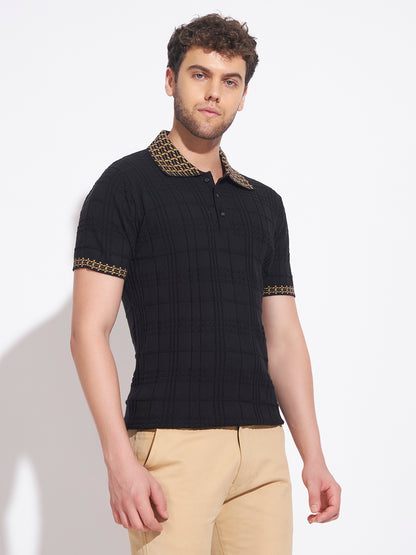 AEDENBURG Men Jacquard-Collar Waffle & Rib Panel Polo Slim Fit Knitted Cotton Blend T-Shirt
