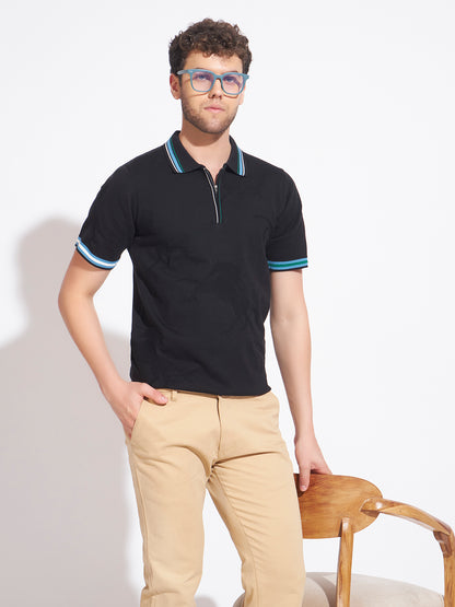 AEDENBURG Men Multi-Stripe Tipping Zip Placket Polo Regular Fit Knitted Cotton Blend T-Shirt