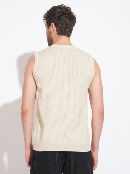 AEDENBURG Men Pointelle Knit Round Neck Sleeveless Regular Fit Knitted Cotton Blend Vest