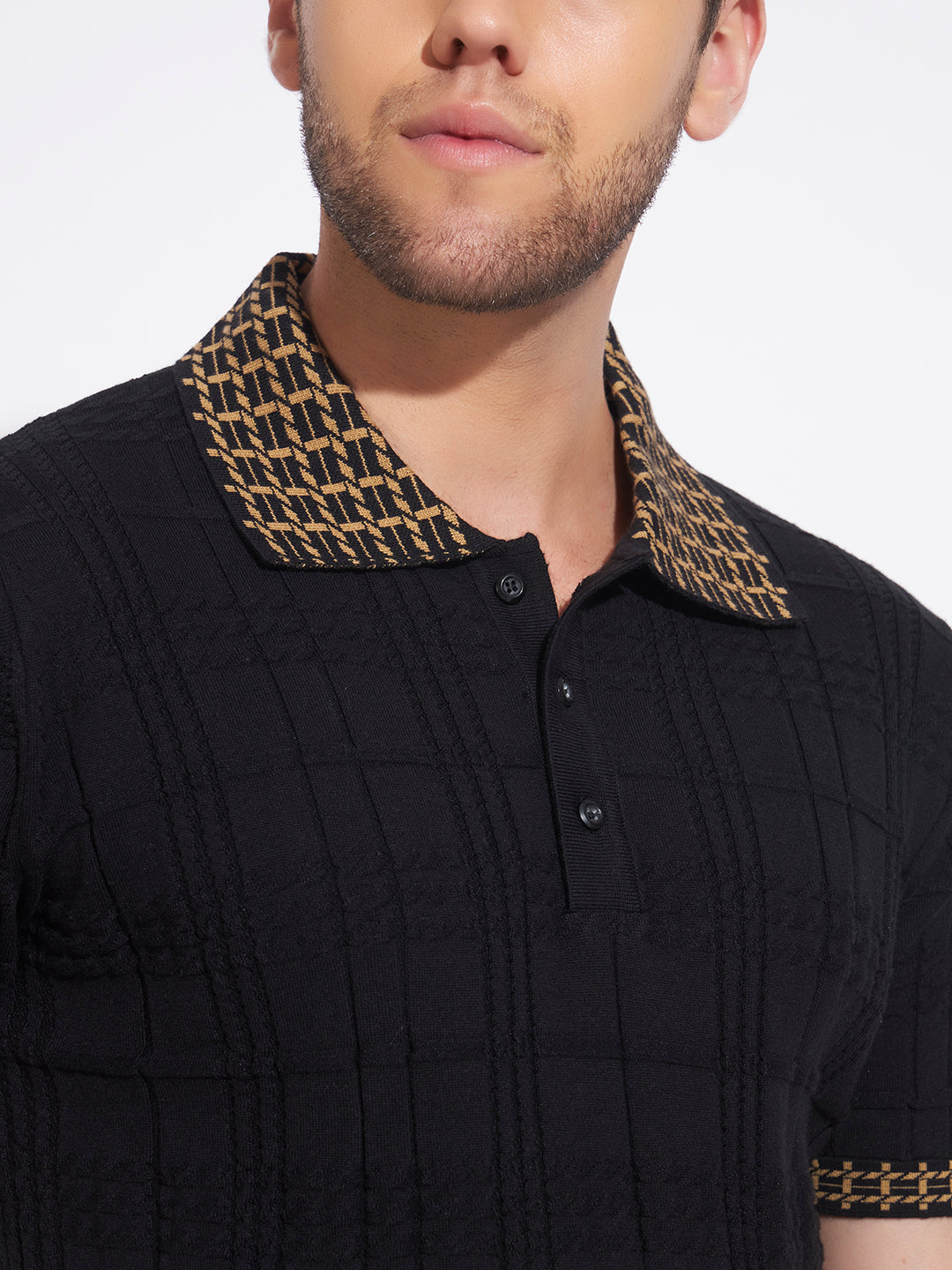 AEDENBURG Men Jacquard-Collar Waffle & Rib Panel Polo Slim Fit Knitted Cotton Blend T-Shirt
