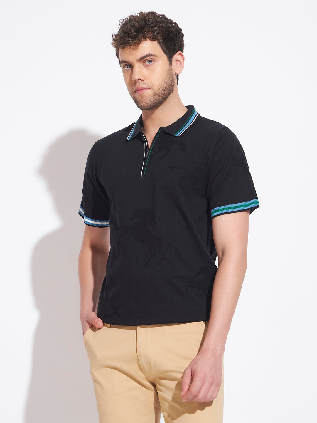 AEDENBURG Men Multi-Stripe Tipping Zip Placket Polo Regular Fit Knitted Cotton Blend T-Shirt