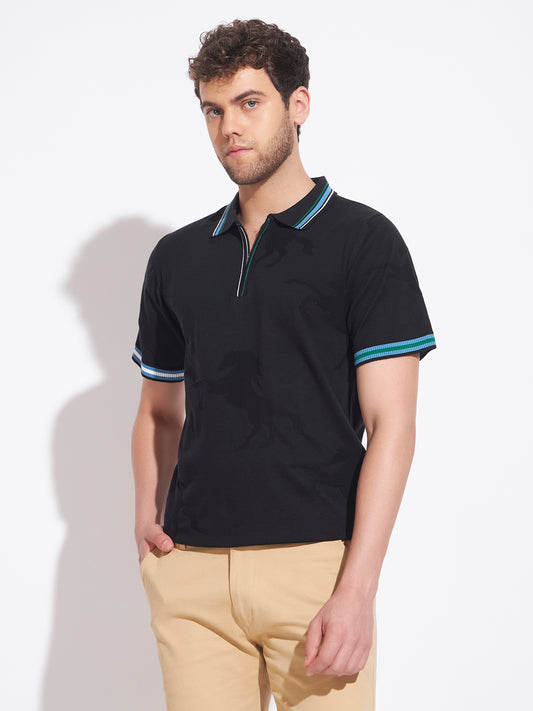 AEDENBURG Men Multi-Stripe Tipping Zip Placket Polo Regular Fit Knitted Cotton Blend T-Shirt