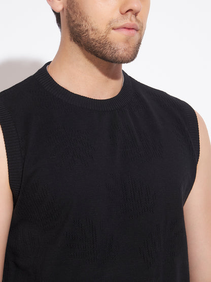 AEDENBURG Men Mixed Texture Panel Round Neck Sleeveless Regular Fit Knitted Cotton Blend Vest