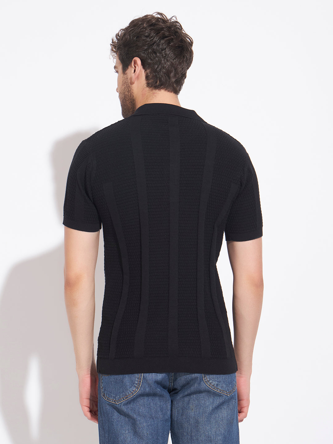 AEDENBURG Men Mixed Texture Waffle & Rib Panel Polo Slim Fit Knitted Cotton Blend T-Shirt