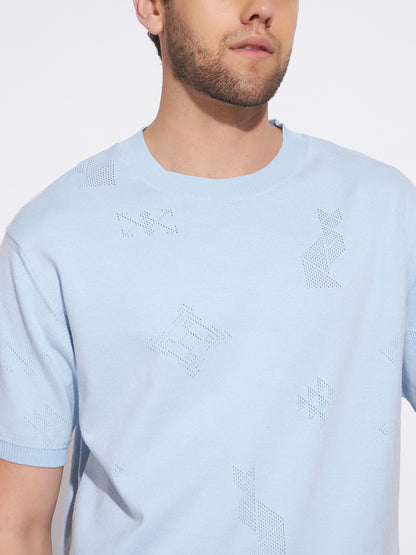 AEDENBURG Men Pointelle Geometric-Motif Round Neck Regular Fit Knitted Cotton Blend T-Shirt