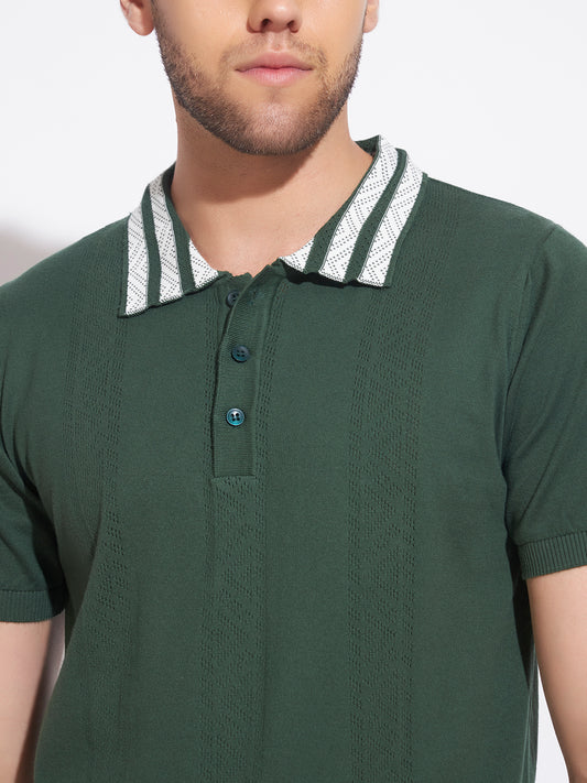 AEDENBURG Men Contrast Jacquard-Stripe Collar Polo Regular Fit Cotton Blend T-Shirt