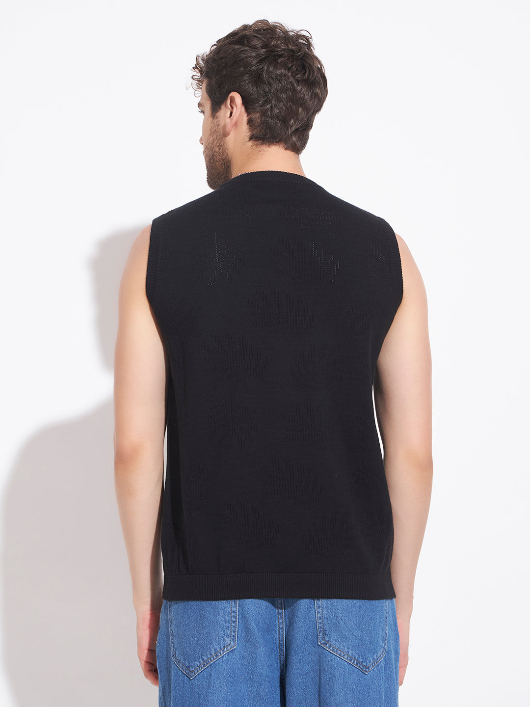 AEDENBURG Men Mixed Texture Panel Round Neck Sleeveless Regular Fit Knitted Cotton Blend Vest