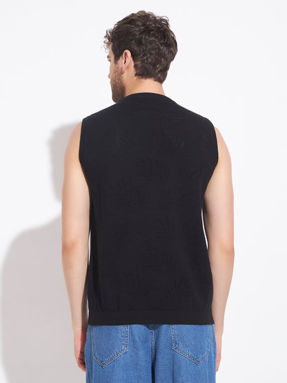 AEDENBURG Men Mixed Texture Panel Round Neck Sleeveless Regular Fit Knitted Cotton Blend Vest