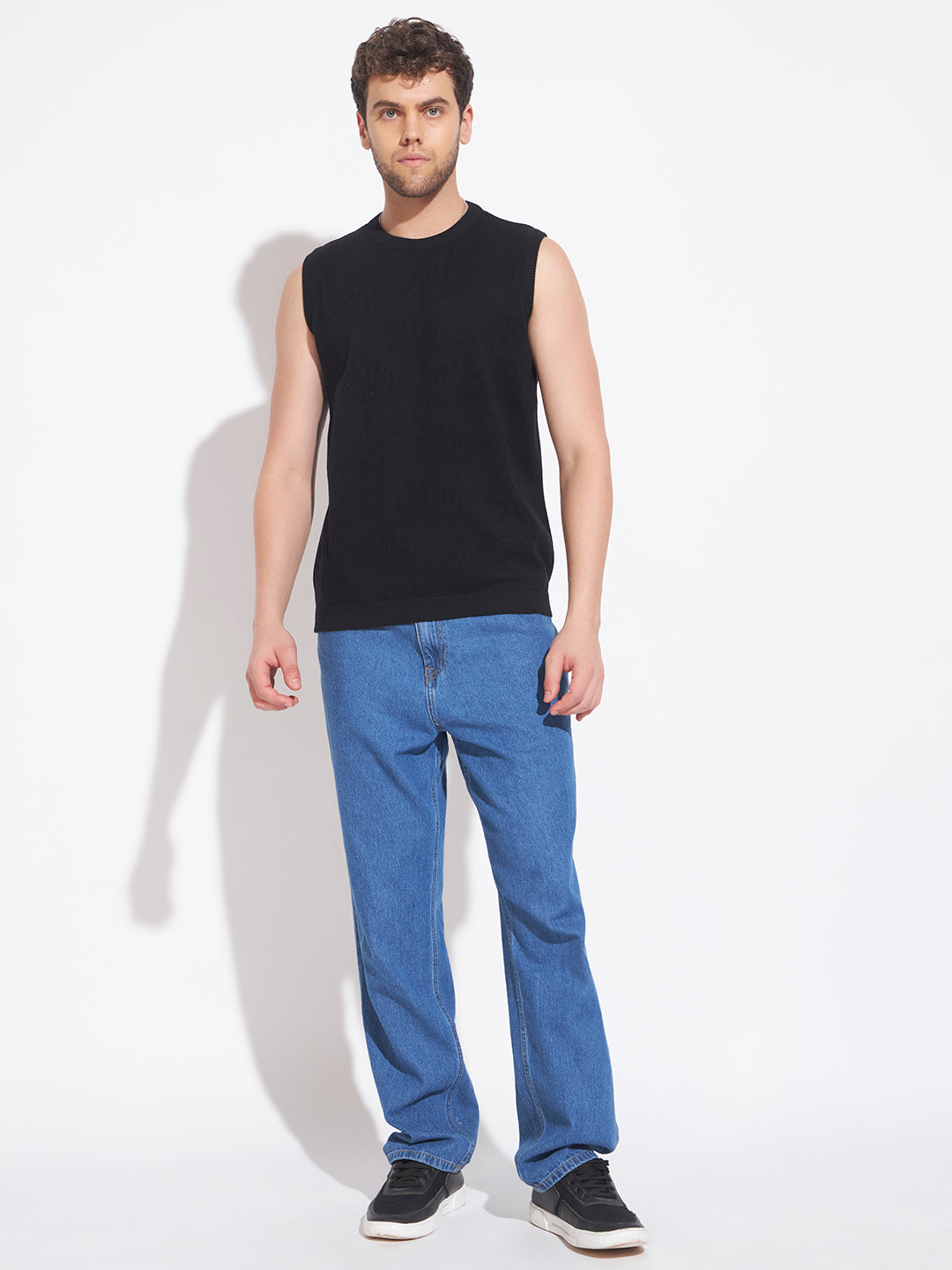 AEDENBURG Men Mixed Texture Panel Round Neck Sleeveless Regular Fit Knitted Cotton Blend Vest